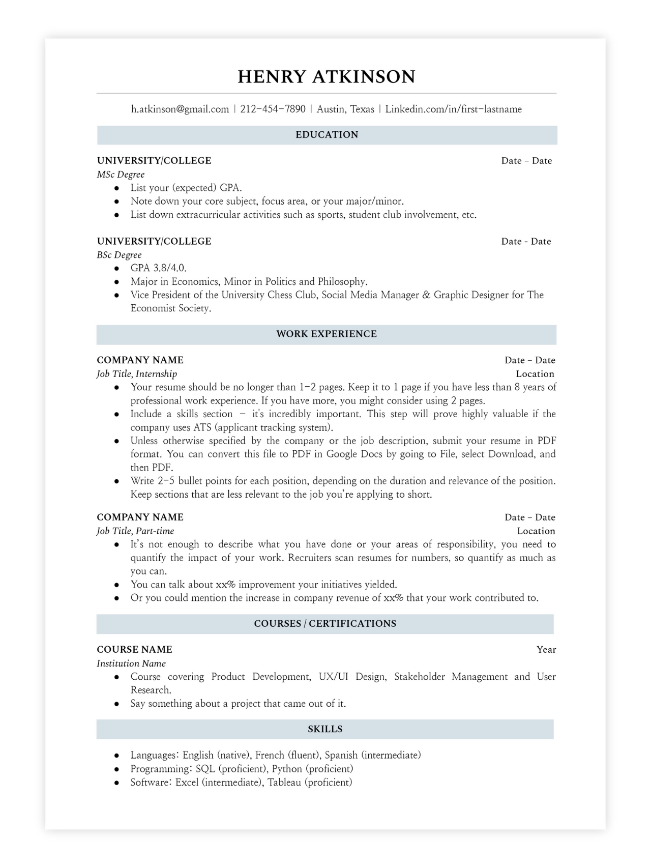 Minimalist Resume Template for College Students and Graduates